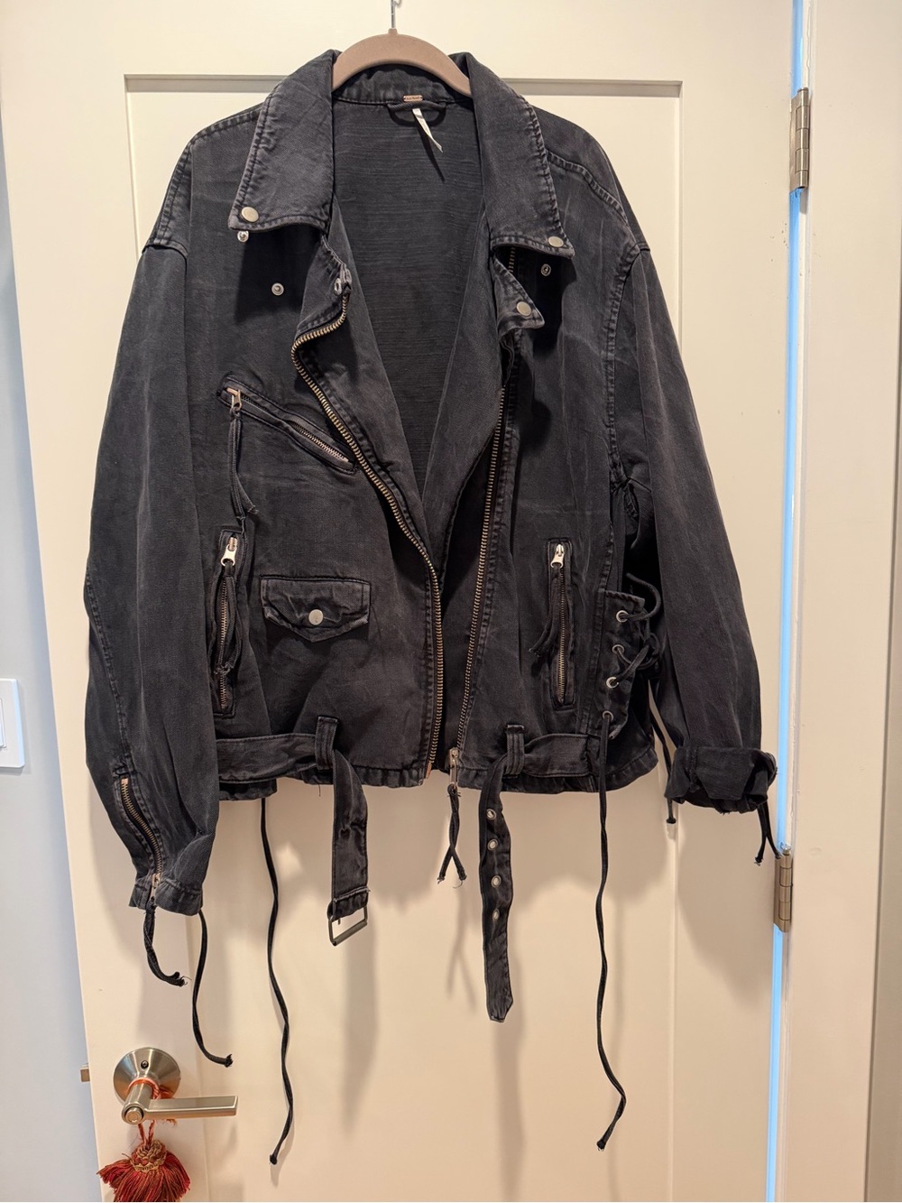 Free People Black Biker-Style Denim Jacket